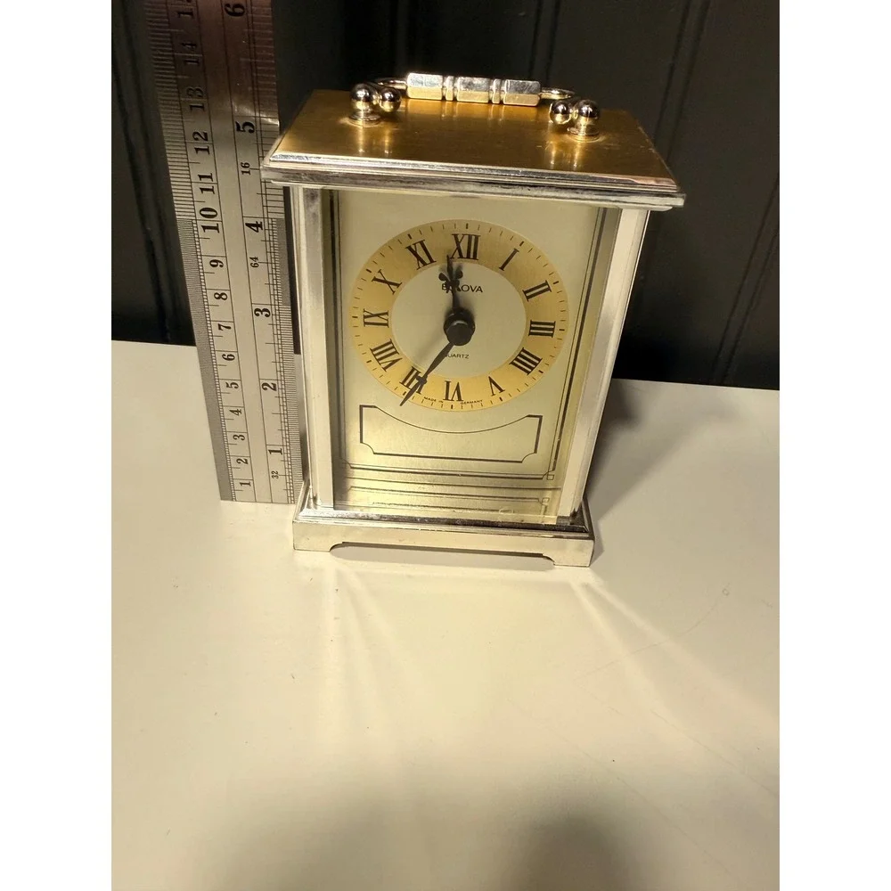 Bulova Quartz Carriage Clock Two Tone Silver Gold Roman Numeral Made in Germany